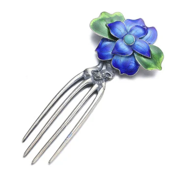

Peony Flower Cloisonne Thai Silver Hair Comb Vintage Silver Chinese Style Hairpin Flowers Hair Fork Women Head Jewelry WIGO1400