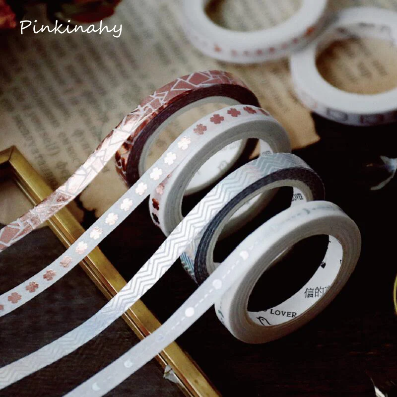 

18 Style 5mm*5m Slim Silver / Rose Foil Gold Slim Washi Tape Cute Design Stationery Adhesive Tape Washi Masking Tape