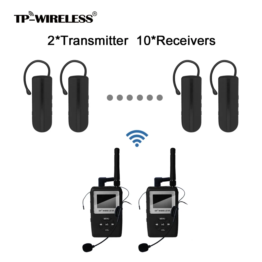 

TP-WIRELESS UHF Simultaneous Translation System Mini Earhook Digital Wireless Tour Guide System 2Transmitters 10Receivers