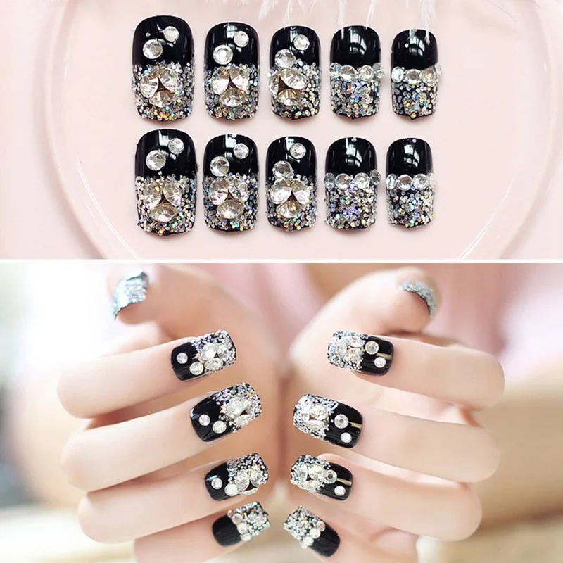 24 шт Искусственный Ongles ногти расширения с горный хрусталь черный Сияющий бриллиант советы для ногтей дизайн накладных ногтей высокое качество