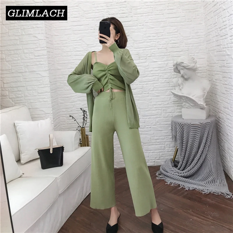 

Casual Tracksuit Women 3 Pieces Set Knitted Drawstring Pullover Sexy V-Neck Long Sleeve Cardigan Wide Leg Pants Suits Women Sets