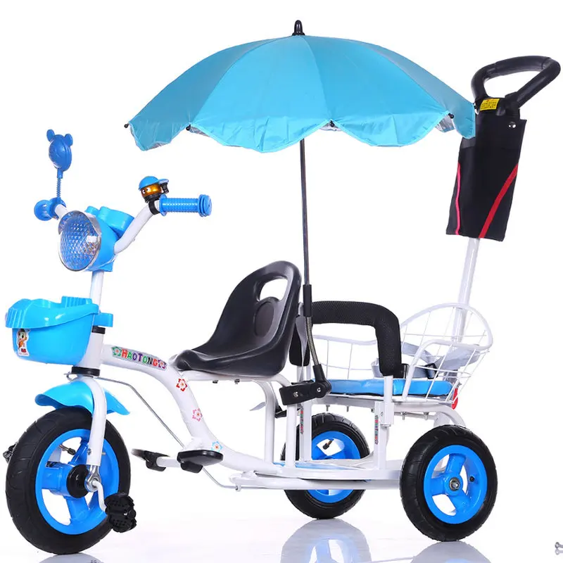 

12 inch kids tricycle, twins baby bicycle of 2 seat, fold pedal tandem trike with rubber inflatable wheel and steel frame