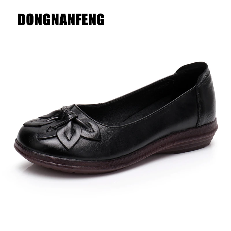 

DONGNANFENG Women Old Mother Female Shoes Flats Loafers Cow Genuine Leather Pigskin Flower Casual Slip On Floral 35-41 SY-1002