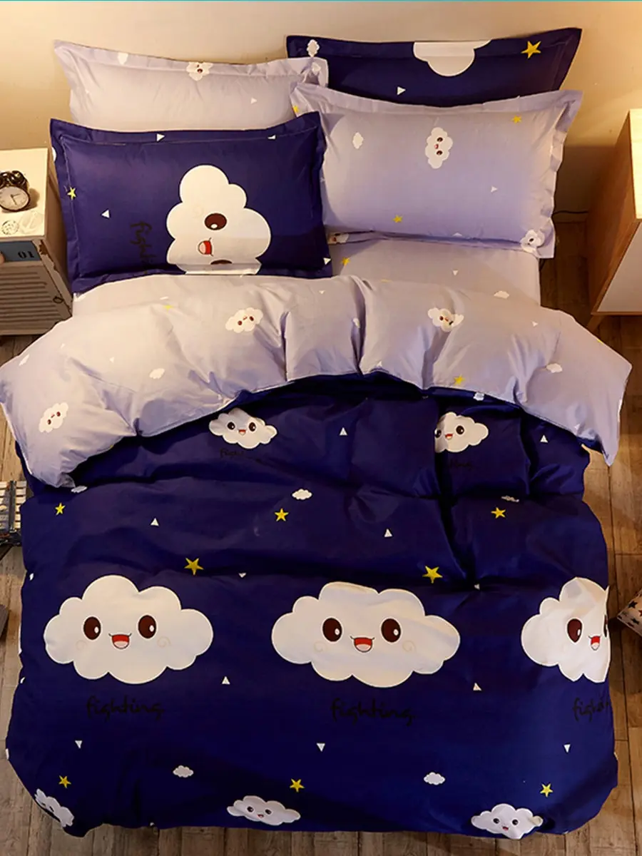 

4 Pcs Bedsheet Set Likable Cratoon Clouds Pattern Comfy Bedding Set