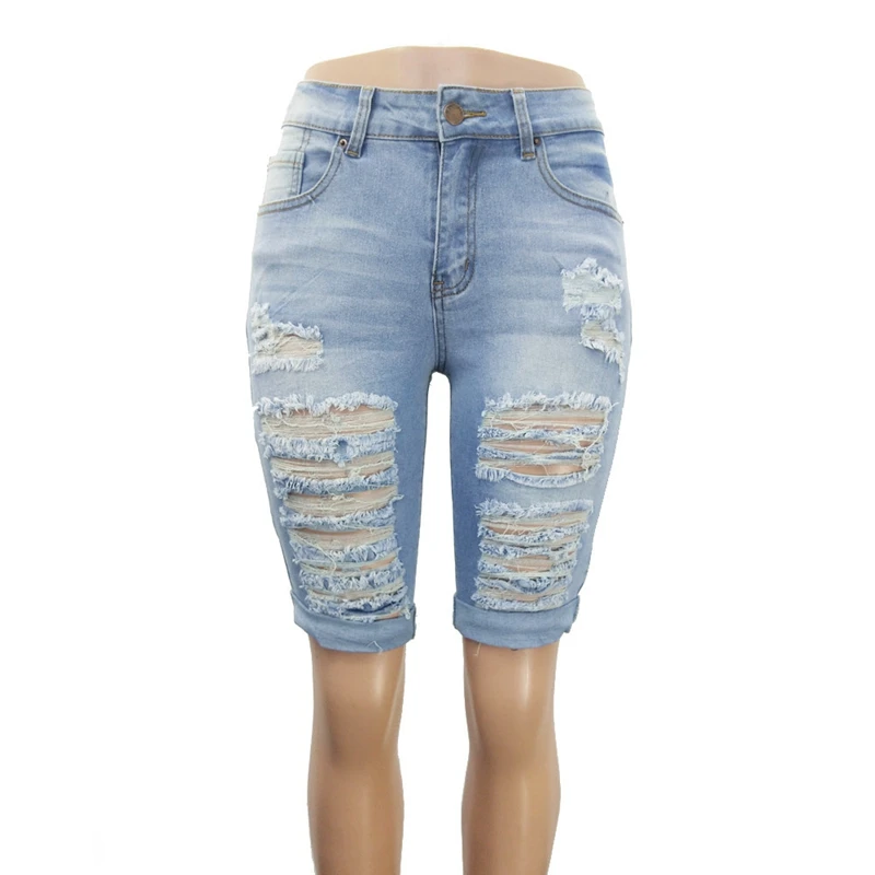 Sexy Destroyed Hole Skinny Capris Jeans Women Casual Stretch Knee Length Denim Shorts Jeans ladies High Waist Denim hot pants