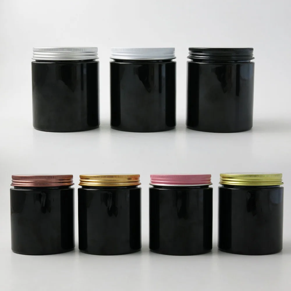 

24 x 250g Empty Black Cosmetic Cream Containers Cream Jars 250cc 250ml for Cosmetics Packaging Plastic Bottles With Metal Lids