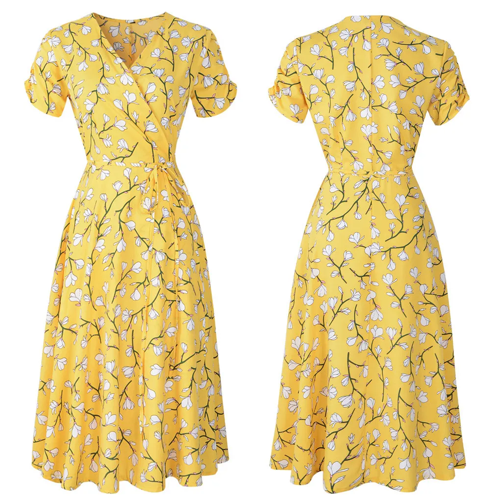 Женское летнее праздничное платье с v-образным вырезом и цветочным принтом, женские вечерние платья с коротким рукавом желтого цвета, Vestidos Casuales