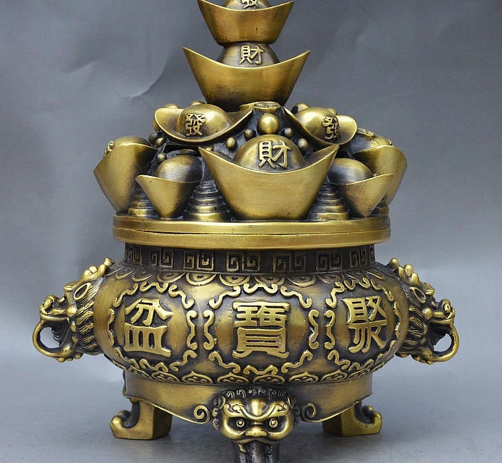 

10" China Bronze Dragon Head Wealth YuanBao Treasure Bowl Incense Burner Censer