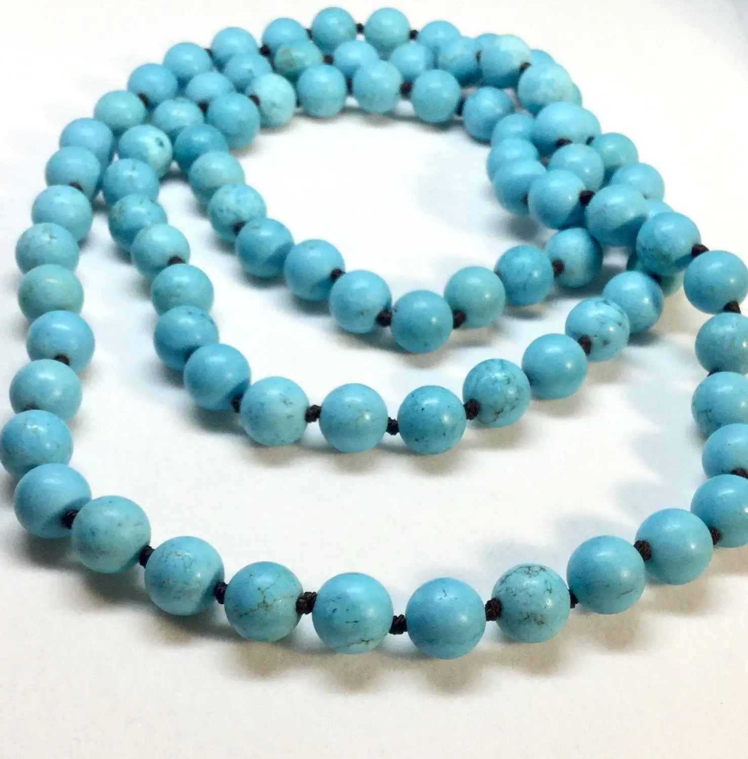 Круглое длинное ожерелье из бисера ожерелье с узелками из натурального камня ожерелье с бирюзой мала-Йога синие ожерелья 38 дюймов ручной нож