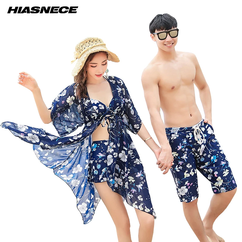 

Couples Swimwear Three Pieces Bikini Sets with Covers Up Man's beach shorts Lover's Print Floral Swimsuit Sexy Bikini Set 2018