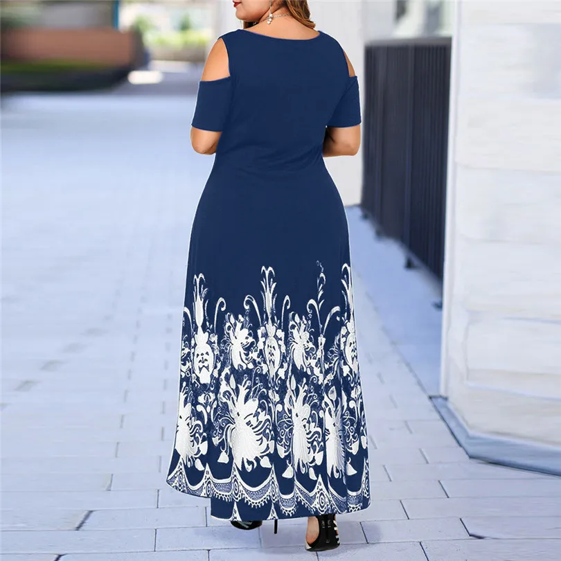 2019 New Summer Women Casual Plus Size Print Dress O-Neck Print Off-Shoulder Short Sleeve Waist Dress #E11 (16)