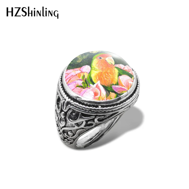 

2019 New Painting Parrot Art Vintage Ring Parrots Handmade Rings Glass Cabochon Birds Jewelry