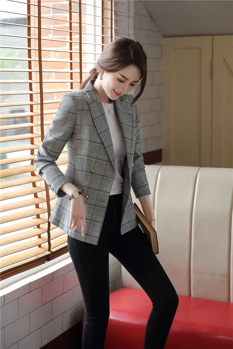 Formal Fashion Plaid Long Sleeve Women Blazers and Jackets Coat Double Breasted OL Styles Ladies Office Tops Outwear Blaser
