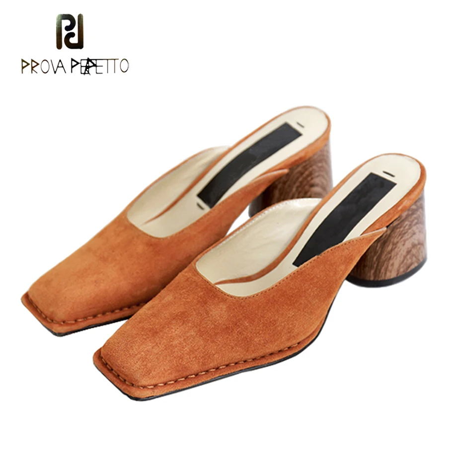 

Prova Perfetto grain round heel slides women mules shoes square toe shallow slippers ladies outdoor high heel fashion slippers