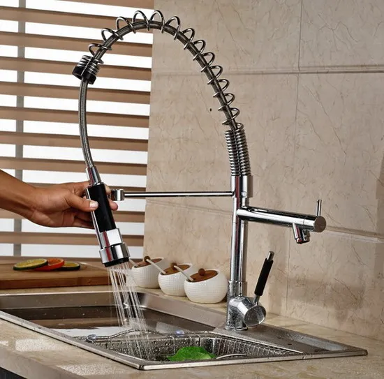 Polished Chrome Commercial & Home Pull Out Spray Swivel Spout Single Hole Kitchen Sink Mixer Tap / Faucet asf078