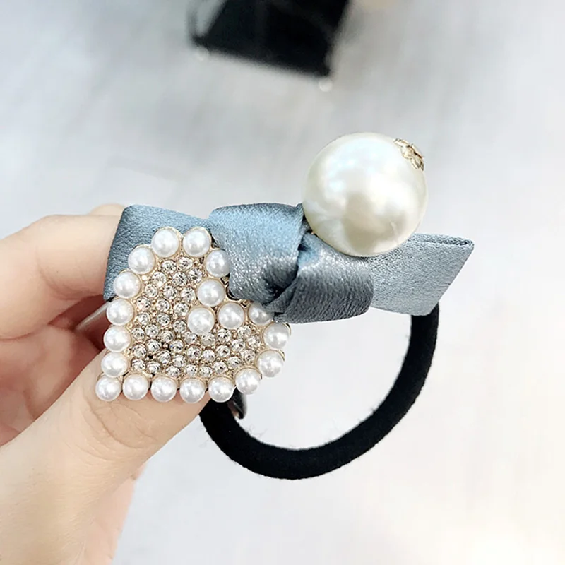 Houndstooth cloth bow hair rope color diamond pearl hair ring thick rubber band ponytail ties fashion hair accessories for women