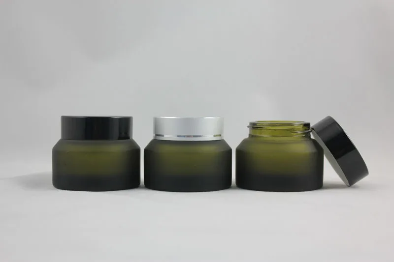 30g olive green frosted glass cream jar with black/silver ...