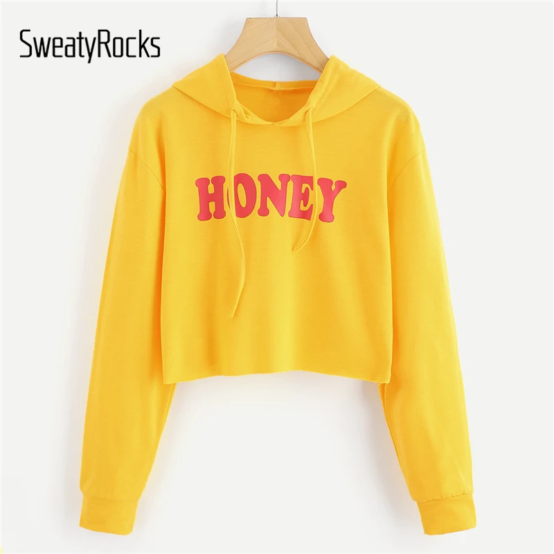 SweatyRocks Yellow Letter Print Hem Crop Hoodie Women
