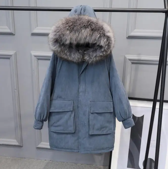 Зимняя женская куртка-пуховик на белом утином пуху, теплый большой меховой воротник с капюшоном, толстая длинная пуховая парка, пальто, Женская одежда оверсайз SF1109 - Цвет: Blue