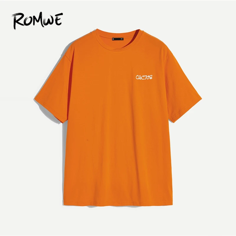 

ROMWE Men Letter Print Rib-Knit T-Shirt 2019 Orange Casual New Brand Short Sleeve Tops Summer Streetwear Round Neck Tee