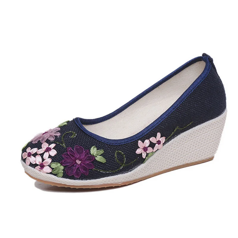 VTOTA/ г., Винтажная обувь женская повседневная обувь на танкетке из хлопчатобумажной ткани удобная женская обувь на платформе с цветочной вышивкой - Цвет: Синий