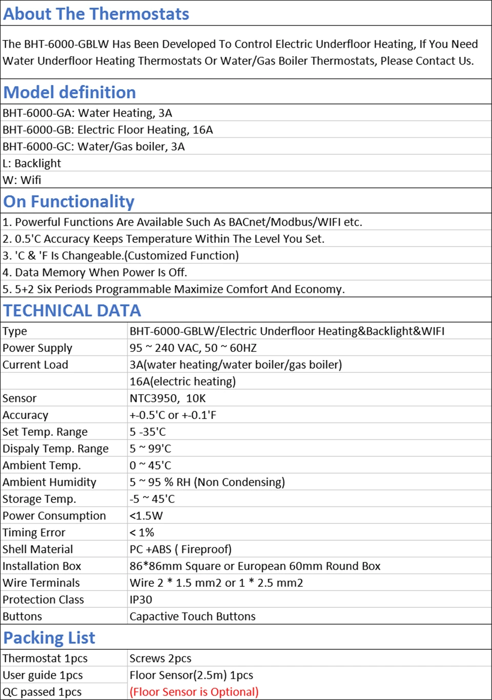 BHT-6000-GCLW термостат для водного/газового котла с подсветкой wifi 3A Еженедельный программируемый сенсорный ЖК-экран работает с Alexa Google home