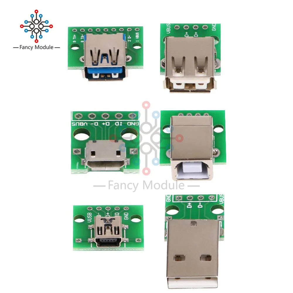 Micro USB Female, Mini USB, USB A Male, USB 2,0, 3,0 A Female, USB TypeB interface to 2,54 мм DIP PCB конвертер адаптер Breakout Board