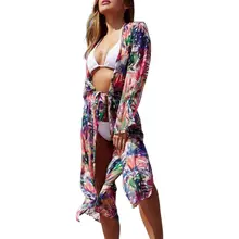 Womens Summer Long Sleeves Chiffon Open Front Kimono Cardigan Boho Colorful Graffiti Floral Printed Bikini Cover Up High Split W open front colorful striped cardigan
