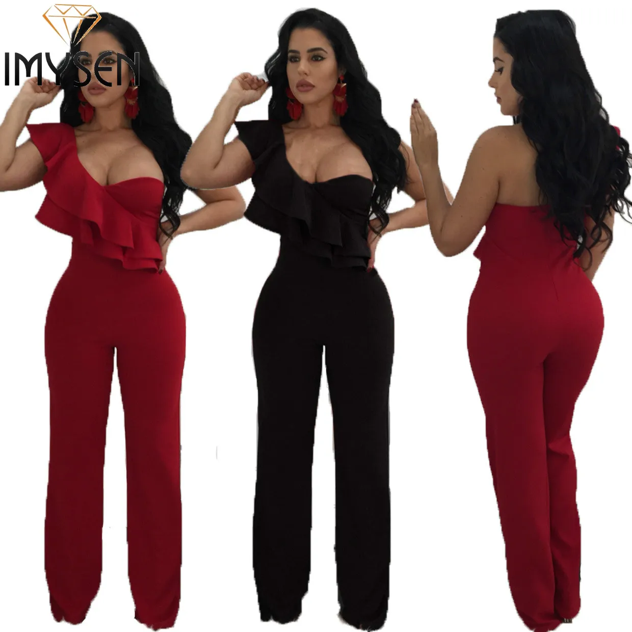 IMYSEN Fashion Jumpsuit Women One Shoulder Ruffled Jumpsuits New Arrive