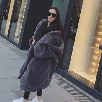 

2019 new faux fur women long jackets loose thicken warm large fur hooded women lady coat outwear tops