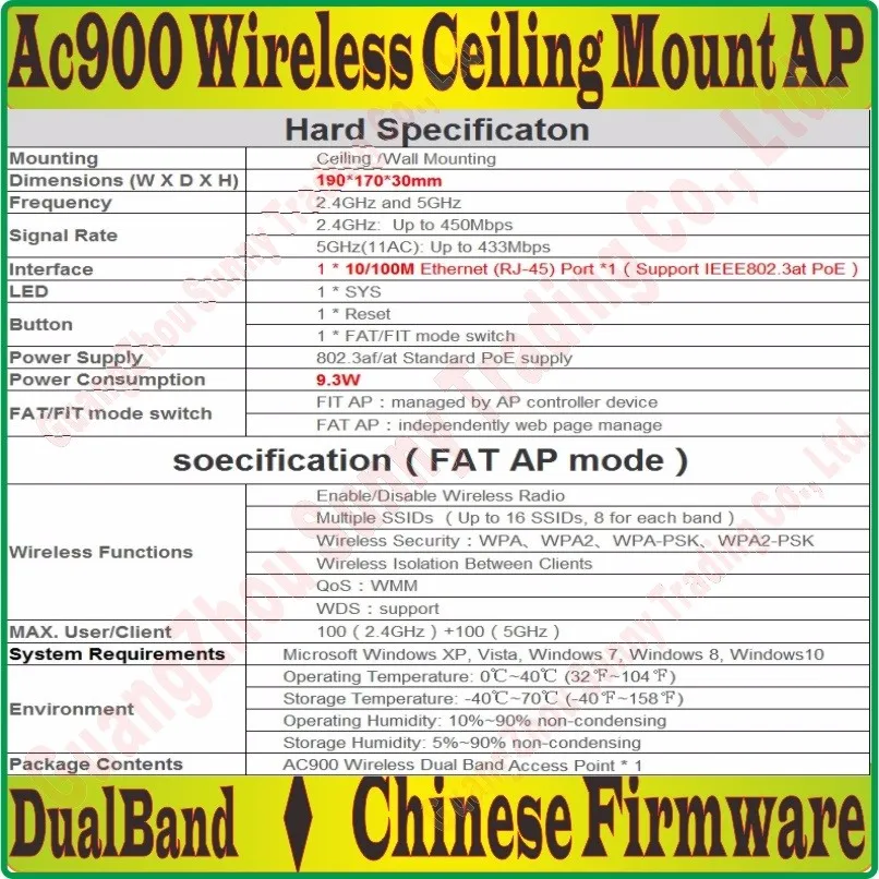 2,4G+ 5G Dual Band Беспроводной Ap 900 Мбит/с AC900 внутрений потолочный AP 802.11bgn 11AC Wi-Fi точка доступа, POE Питание, 100 м RJ45 Порты и разъёмы
