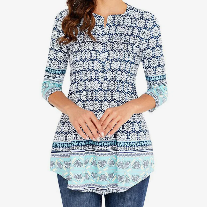 Print Pleated Boho O Neck Women Shirts 2018 Autumn Bohemian Button Plus Size Female Tunic Blouses Woman Slim 5XL Casual Shirt