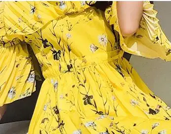 Новое поступление, летнее женское платье для подиума, сексуальное, желтое, плиссированное, с принтом, с открытыми плечами, богемные длинные платья