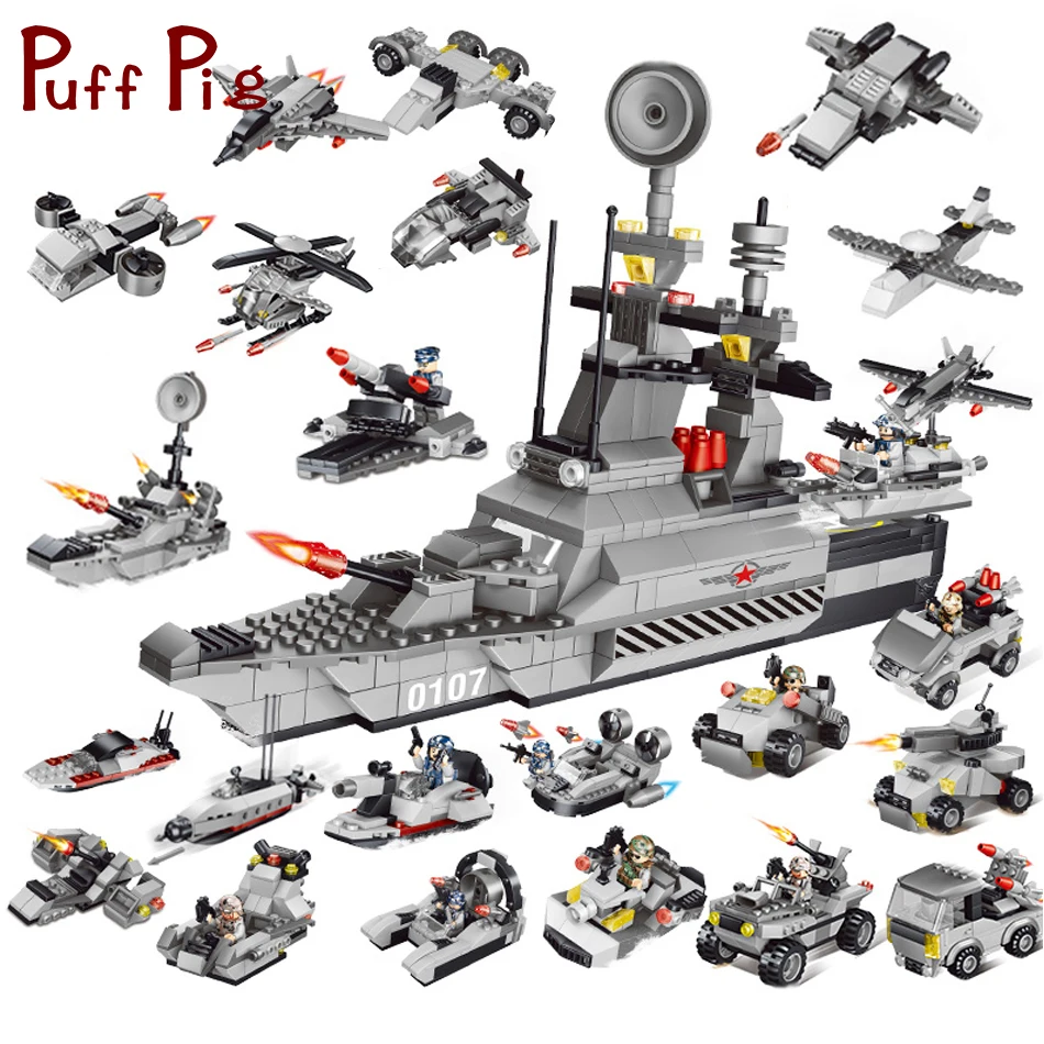 

829PCS 8in1 Military War Ship Helicopter Tank Model Army Figures Soldier Compatible Jouet ww2 Building Blocks Toys For Children