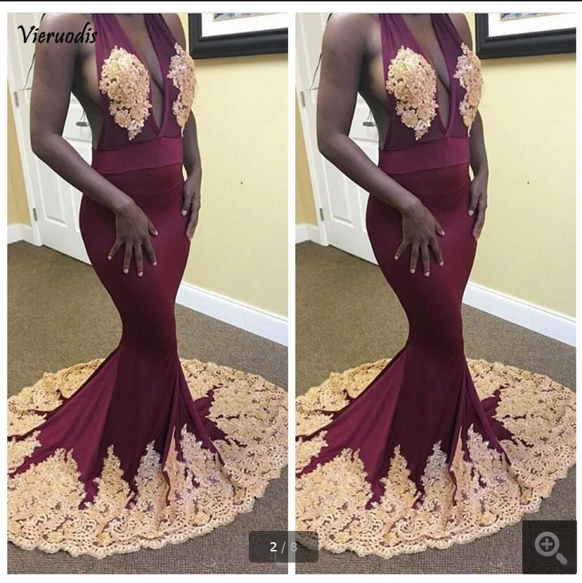 

Vestido De Festa gold lace appliques burgundy satin prom dress mermaid backless sexy with halter neckline formal prom gowns
