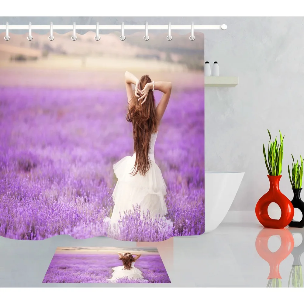 

LB 180*180 Flower Purple Lavender Shower Curtains Floral Girl Waterproof Polyester Bathroom Curtain Fabric for Bathtub Decor