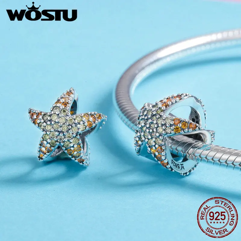 WOSTU настоящий 925 пробы серебряный желтый CZ океан Морская звезда Звезда бусины для оригинального бренда очаровательный браслет хорошее ювелирное изделие FIC586