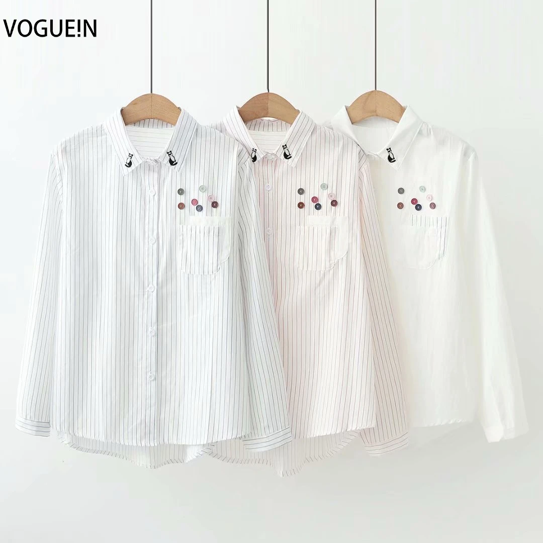 

VOGUEIN New Womens Embroidery Button Decorated Striped Print Long Sleeve Top Shirt Blouse Wholesale