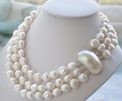 

hot sell new - Free Shipping ***Hot sale >>>> 3ROW 10-13mm BAROQUE WHITE FRESHWATER PEARL NECKLACE MABE