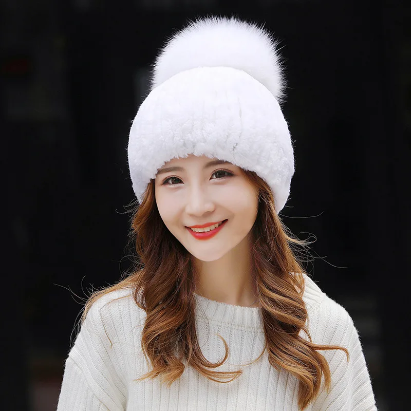 

84545 New fashion sweet Autumn and winter ladies knit Hat Rex rabbit fur hats Women Fox Fur Hat Female Skullies & Beanies