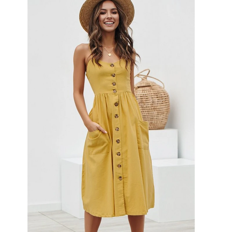 

LASPERAL Elegant button women dress Pocket polka dots yellow cotton midi dress Summer casual female plus size lady beach vestido