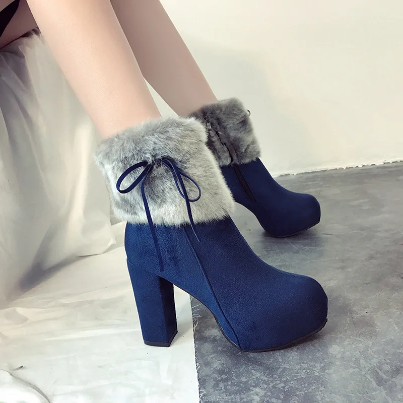

Europe Winter Boots Women Ankle High-heel Shoes Woman Martin Boots Platform Shoes Rabbit Hair Fashion Slip-on Round Toe Sexy