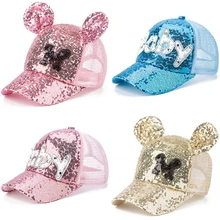 Новая летне-осенняя Кепка для маленьких девочек от 3 до 9 лет, бейсбольная кепка для девочек с блестками и сеткой, регулируемая Детская кепка с милыми ушками, шляпы от солнца