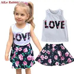 AiLe Rabbit/летний модный комплект для девочек, жилет короткая юбка костюмы из 2 предметов юбка с цветочным принтом и надписью «LOVE» Детская