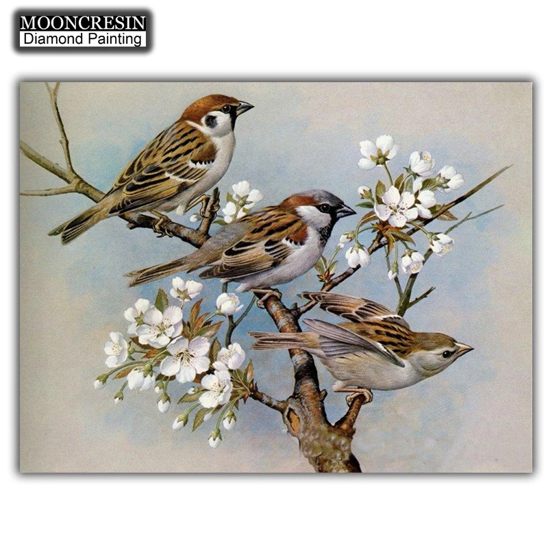 

5D Diy Diamond Painting Cross Stitch Sparrow On Cherry Tree Needlework 3D Diamond Embroidery Full Round Mosaic Decoration Resin