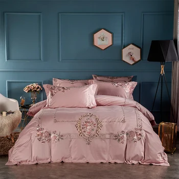 

Dusty Pink Embroidery Flowers Luxury Bedding set Egyptian Cotton Queen King size Bed set Duvet cover Bed sheet set Pillow shams