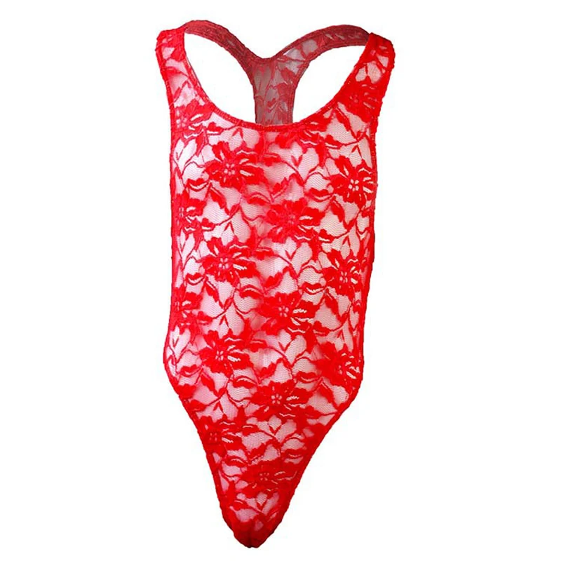 Men Underwear Sleeveless High Cut Jumpsuit Costume bodysuit men Sexy Men Lingerie One-piece Floral Lace Semi See-through Bodysuit Underwear