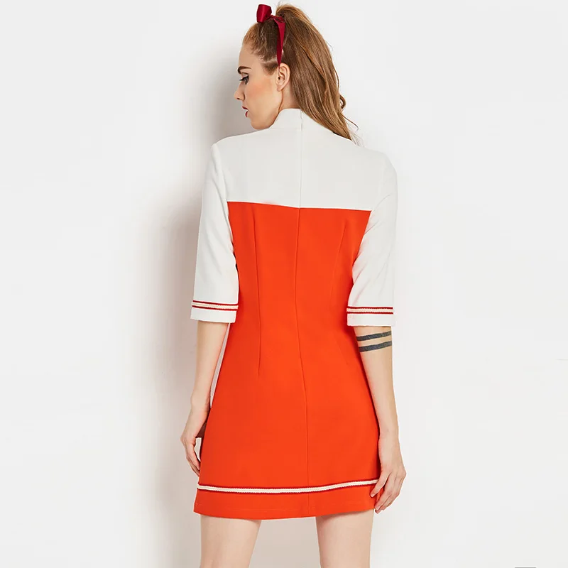 Dress - A Line 60s Vintage Autumn Turtleneck Colour Block Dress Vintage Style