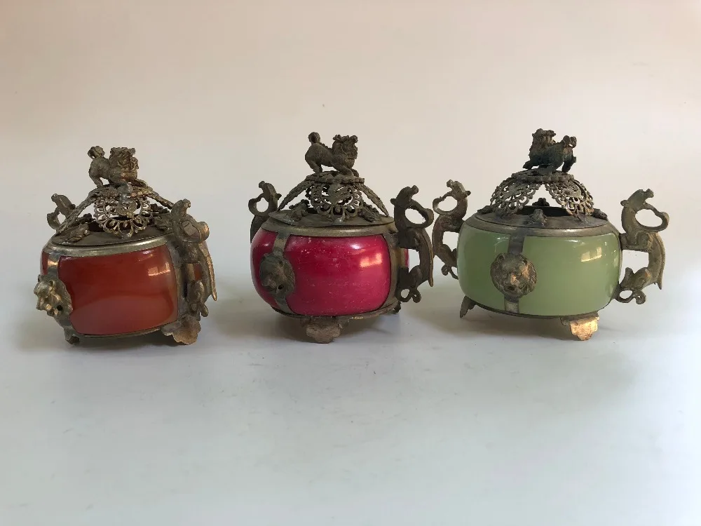 

Collection of colorful alloy tri-color jade censer ornaments / free shipping.