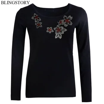 

BLINGSTORY Long Sleeve Diamond Autumn Big Size Basic Women Tshirt S-6XL